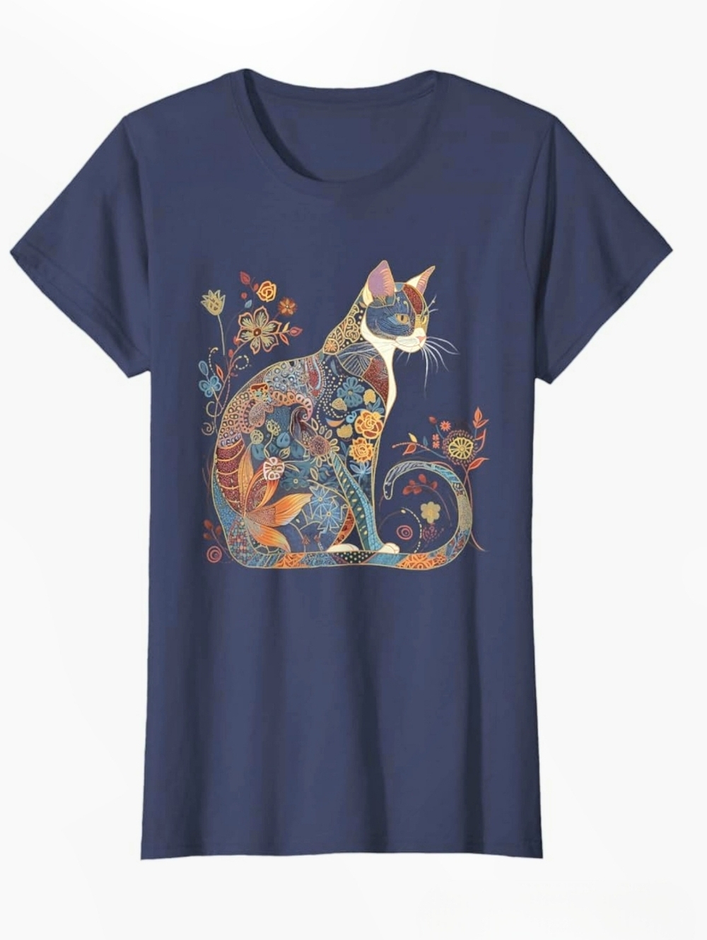 Artistic Floral Colorful Cat Tee Shirt